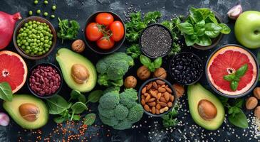 Assortment of Fresh Produce and Healthy Foods on a Dark Surface photo