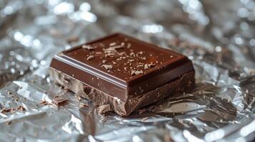 A Piece of Dark Chocolate on Silver Foil Wrapping photo