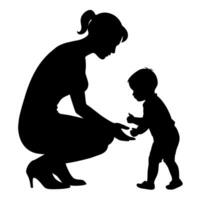 young mother she want to learn her child how to walk first step silhouette vector