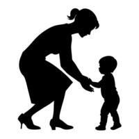 young mother she want to learn her child how to walk first step silhouette vector