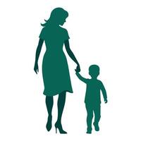 young mother in a modern outfit walking hand in hand with her child, side by side silhouette vector