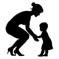 young mother she want to learn her child how to walk first step silhouette vector