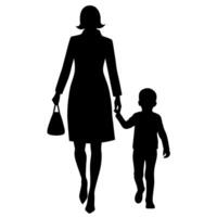 young mother in a modern outfit walking hand in hand with her child, side by side silhouette vector