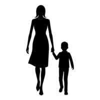 young mother in a modern outfit walking hand in hand with her child, side by side silhouette vector