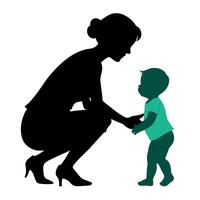 young mother she want to learn her child how to walk first step silhouette vector