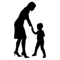 young mother she want to learn her child how to walk first step silhouette vector