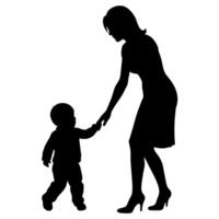 young mother she want to learn her child how to walk first step silhouette vector