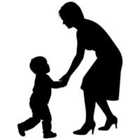 young mother she want to learn her child how to walk first step silhouette vector