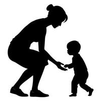 young mother she want to learn her child how to walk first step silhouette vector