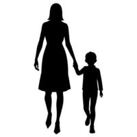 young mother in a modern outfit walking hand in hand with her child, side by side silhouette vector