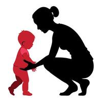 young mother she want to learn her child how to walk first step silhouette vector