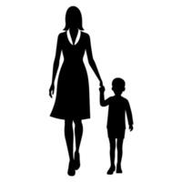 young mother in a modern outfit walking hand in hand with her child, side by side silhouette vector