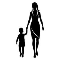 young mother in a modern outfit walking hand in hand with her child, side by side silhouette vector