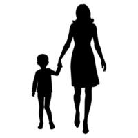 young mother in a modern outfit walking hand in hand with her child, side by side silhouette vector