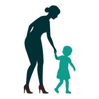 young mother she want to learn her child how to walk first step silhouette vector