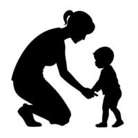 young mother she want to learn her child how to walk first step silhouette vector