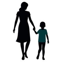 young mother in a modern outfit walking hand in hand with her child, side by side silhouette vector