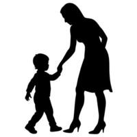 young mother she want to learn her child how to walk first step silhouette vector