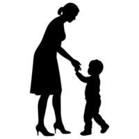 young mother she want to learn her child how to walk first step silhouette vector