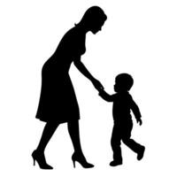 young mother she want to learn her child how to walk first step silhouette vector