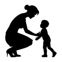 young mother she want to learn her child how to walk first step silhouette vector