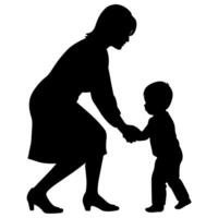 young mother she want to learn her child how to walk first step silhouette vector