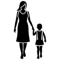 young mother in a modern outfit walking hand in hand with her child, side by side silhouette vector