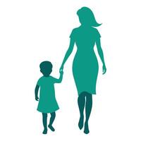 young mother in a modern outfit walking hand in hand with her child, side by side silhouette vector