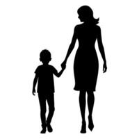 young mother in a modern outfit walking hand in hand with her child, side by side silhouette vector