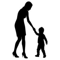 young mother she want to learn her child how to walk first step silhouette vector