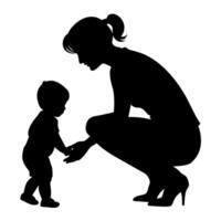 young mother she want to learn her child how to walk first step silhouette vector