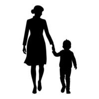 young mother in a modern outfit walking hand in hand with her child, side by side silhouette vector