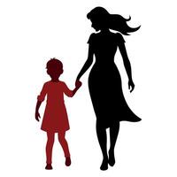 young mother in a modern outfit walking hand in hand with her child, side by side silhouette vector