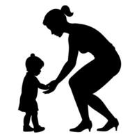 young mother she want to learn her child how to walk first step silhouette vector