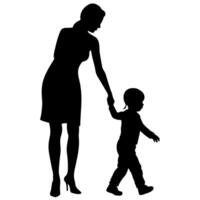 young mother she want to learn her child how to walk first step silhouette vector