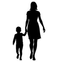 young mother in a modern outfit walking hand in hand with her child, side by side silhouette vector