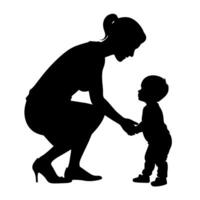 young mother she want to learn her child how to walk first step silhouette vector