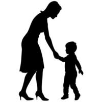 young mother she want to learn her child how to walk first step silhouette vector