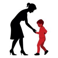 young mother she want to learn her child how to walk first step silhouette vector