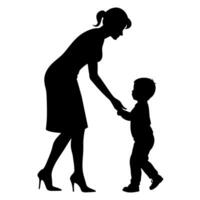 young mother she want to learn her child how to walk first step silhouette vector