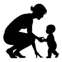 young mother she want to learn her child how to walk first step silhouette vector