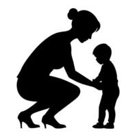 young mother she want to learn her child how to walk first step silhouette vector