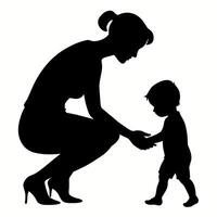 young mother she want to learn her child how to walk first step silhouette vector