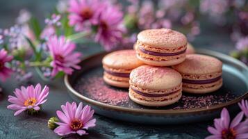 rosado macarons con delicado flores en un azul antecedentes foto