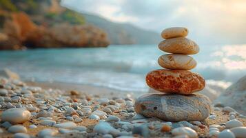 Balanced Rocks on a Beach With Ocean and Rocky Coastline in the Background photo