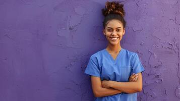 Smiling Female Nurse Standing Near Purple Wall photo