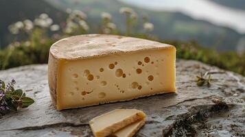 A Wedge of Swiss Cheese Resting on a Rock in a Mountainous Landscape photo