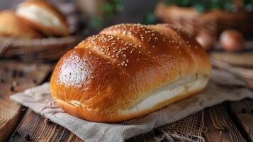 Freshly Baked Loaf of Bread on Wooden Cutting Board photo