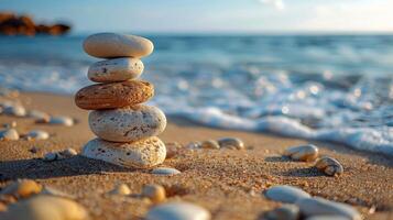 Balanced Rocks on a Beach With Ocean and Rocky Coastline in the Background photo