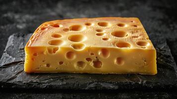 A Wedge of Swiss Cheese Resting on a Rock in a Mountainous Landscape photo